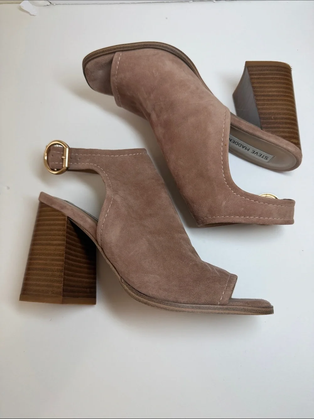 Steve Madden Suede Peep Toe Block Heel Sandals Tan/Blush Size 7